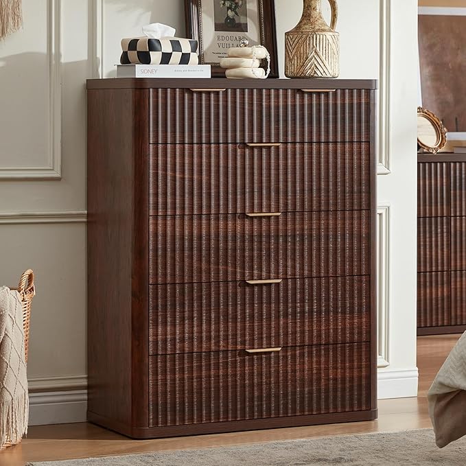 LEYAOYAO Fluted 6 Drawers Dresser for Bedroom, 42" Tall Modern Chest of Drawers with Metal Handle, Curved Profile Design,Wood Drawer Organizer for Bedroom, Living Room, Hallway, Entryway,Walnut