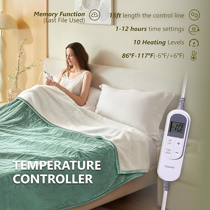Heat Blanket 50”x60” Throw,Soft Flannel & Sherpa Reversible Electric Blanket with 10 Heat Settings,12 Timer Setting and 3 Hours Auto-Shut Off,ETL Certified Machine Washable,Green