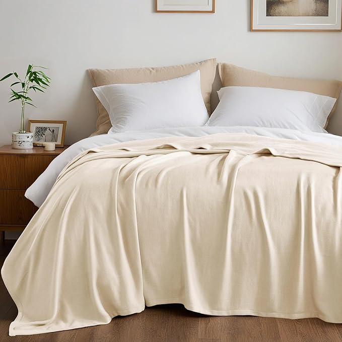 Queen Size Blanket, 70% Rayon (Derived from Bamboo) and 30% Cotton, Lightweight Jacquard Weave, Breathable and Soft Summer Blanket for Bed or Couch, 90” x 90”, Ivory