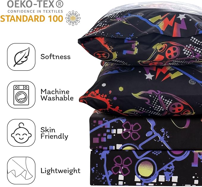 JSD Black Gaming Sheet Set Twin Size, 3 Piece Soft Kids Boys Printed Microfiber Bed Sheets Deep Pocket