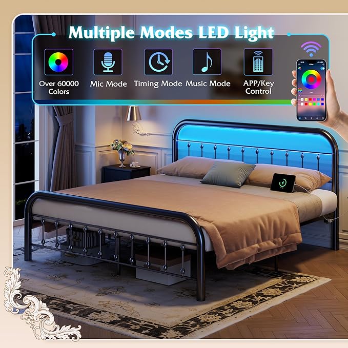 WLIVE Metal Platform Bed Frame, King Size Bed Frame with Headboard, Bed Frames with LED Lights and Charging Station, 1500LBS Mattress Foundation, Under Bed Storage, No Box Spring Needed, Black