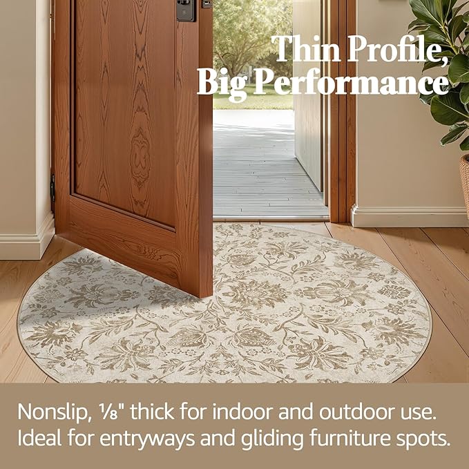 jinchan Torino Classic Floral Round Rug 4ft, Vintage-Inspired Neutral Design 4’Circle Rug, Machine Washable Ultra-Thin Low-Pile Non-Slip Indoor Carpet for Bedroom Living Room Entryway Taupe