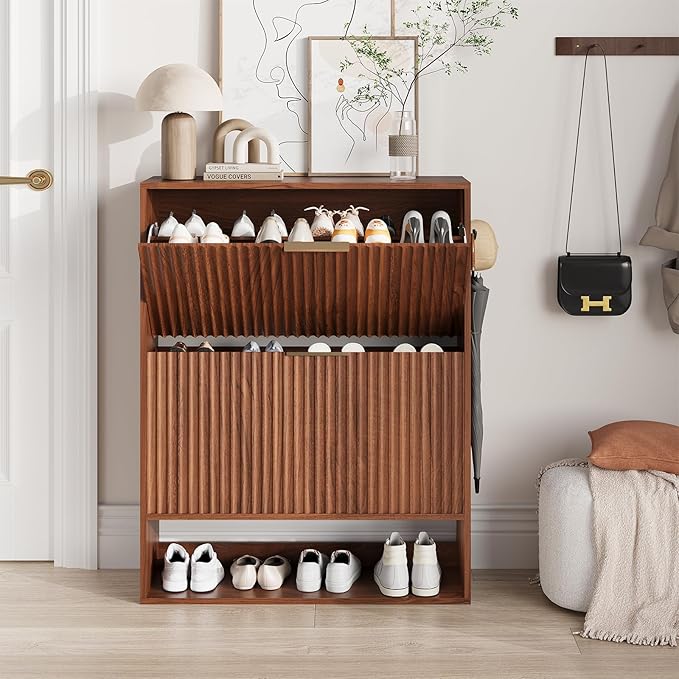 Garvee Fluted Shoe Storage Cabinet, Slim Hidden Shoe Rack Cabinet with 2 Flip Drawers & Bottom Open Shelf, Freestanding Entryway Organizer, Perfect for Closet, Hallway, Foyer, Walnut