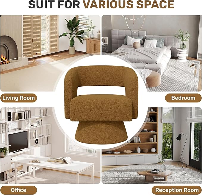 Swivel Accent Chair Set of 4, Modern Comfy Teddy Barrel Chairs, Oversized Upholstered Round Arm Chair for Living Room, Bedroom, Reading Room, Brown