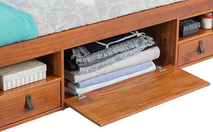 memomad Bali Slim Set: Storage Platform Bed with Drawers + Flat Panel Headboard (King Size, Caramel Brown Wood)