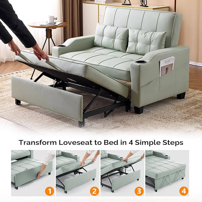 VINGLI Light Green Futon Sofa Bed Convertible Loveseat Sleeper Couch, Faux Leather Pullout Sofa Fold Out Couch Bed with USB Ports, Cup Holders, Armrest for Living Room, Bedroom Apartment Room