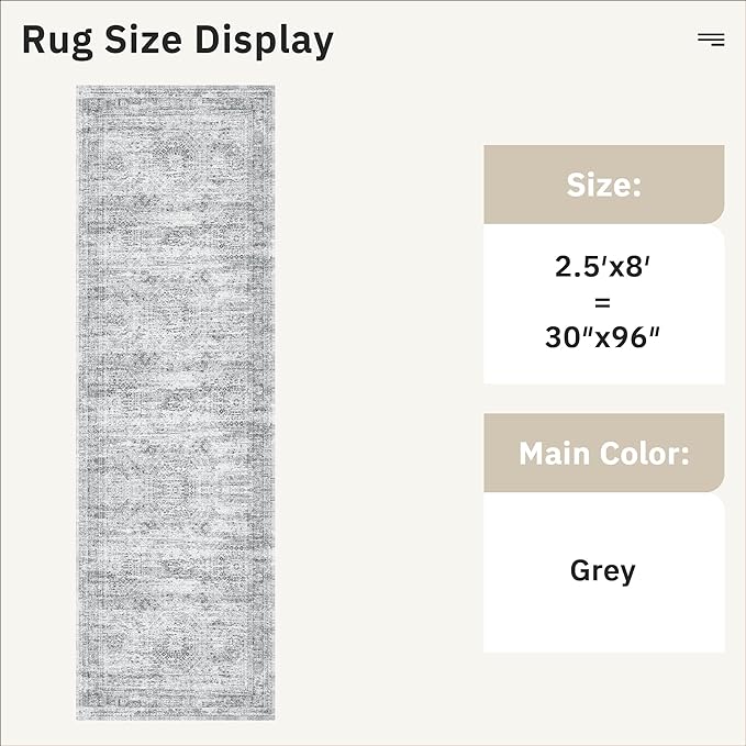 Washable Runner Rug, 2'6" x 8' Non-Slip Kitchen Vintage Foldable Hallway Runners for Entryway, Laundry, Bedroom, Grey