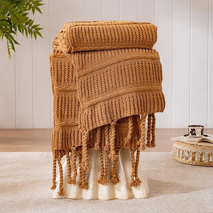 Boho Knitted Chenille Blanket with Tassels - Lightweight & Soft All-Season Throw - 3D Classic Pattern for Living Room Bedroom Couch, Amber Brown, King 90"x108"