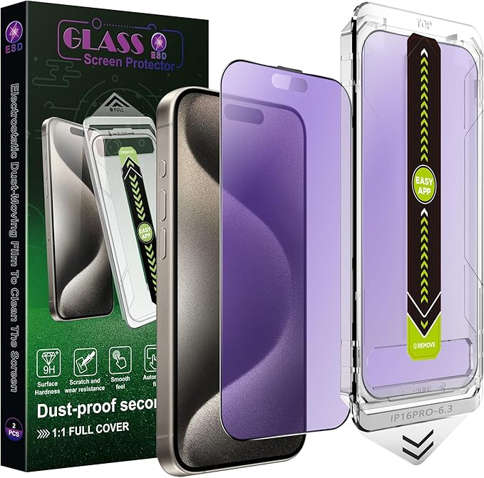 (2-Pack Anti Blue Light Matte Screen Protector for iPhone 16 Pro (6.3-Inch),9H Tempered Glass,Anti-Glare,Full Coverage,Anti-Fingerprint,Auto Dust Removal,Bubble-Free