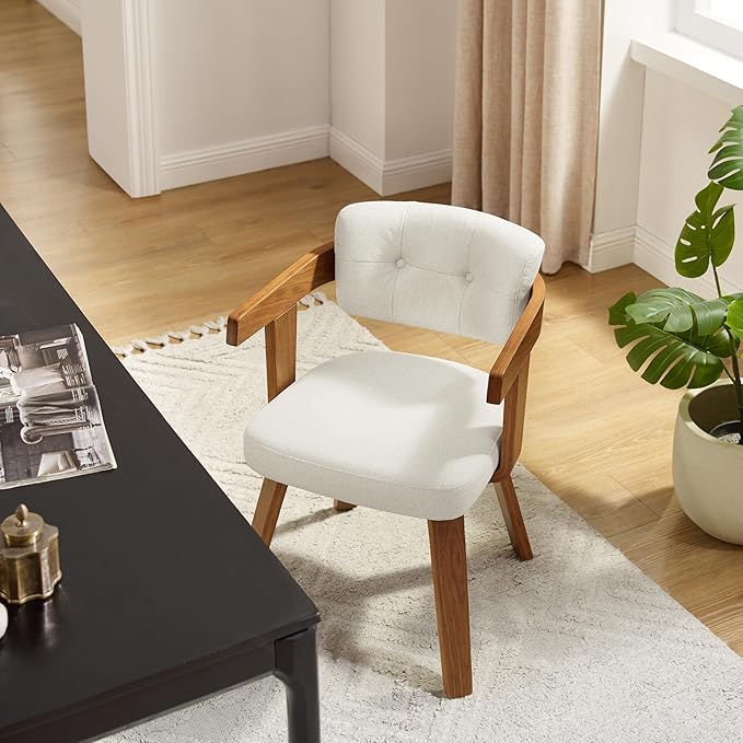 Art Leon Office Chair No Wheels - Mid Century Modern Desk Chair, Fabric Upholstered Accent Arm Chair with Wood Legs for Small Spaces Home Office Living Room Bedroom Study, Off White/Walnut