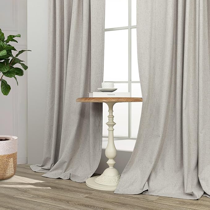Black Out Linen Curtains 108 Inches Long for Living Room 2 Panels Set Total Blackout Flax Pleated Drapes Back Tab Neutral Boho Ceiling Floor 108 Inch Window Curtains Bedroom Cottage Core Stone Taupe