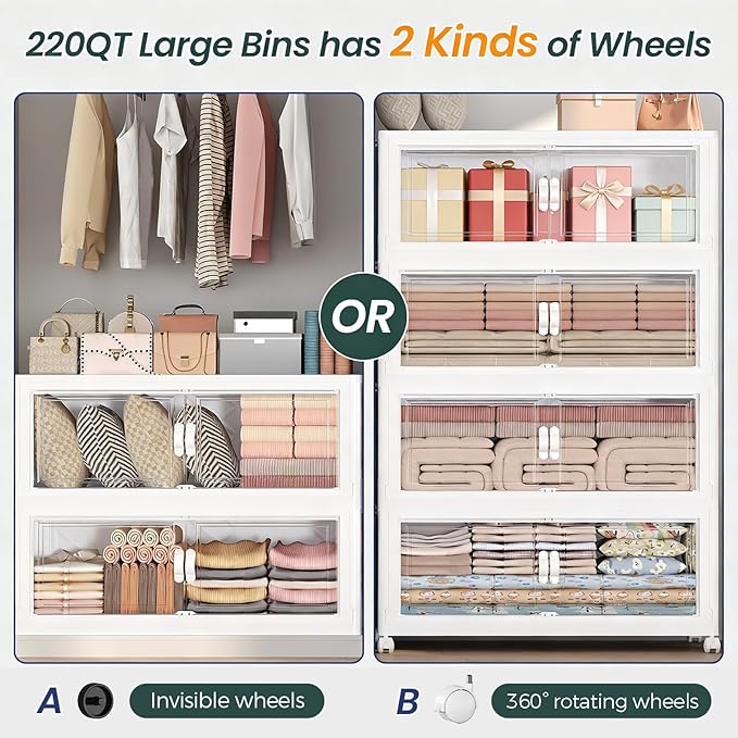 600QT Extra Large Stackable Storage Bins with Lid, 150Gal Collapsible Storage Box with Wheels and Doors, Plastic Closet Organizer and Storage Cabinet for Home Kitchen Office Dorm, 5Pack White