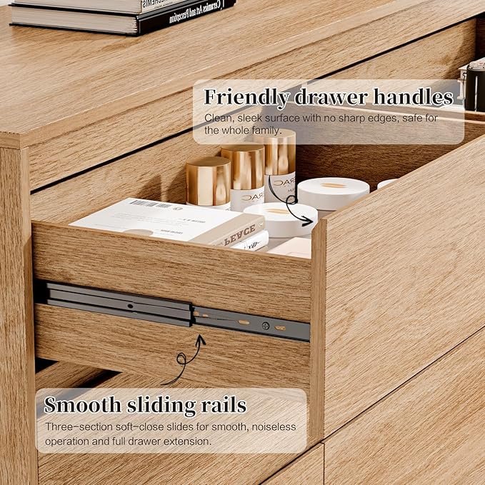 6 Drawer Dresser,47" Wide Mid Century Chest of Drawers,Wooden Bedroom Drawer Dresser with 6 Storage Drawers for Bedroom,Living Room,with Anti-Tipping Device,Natural
