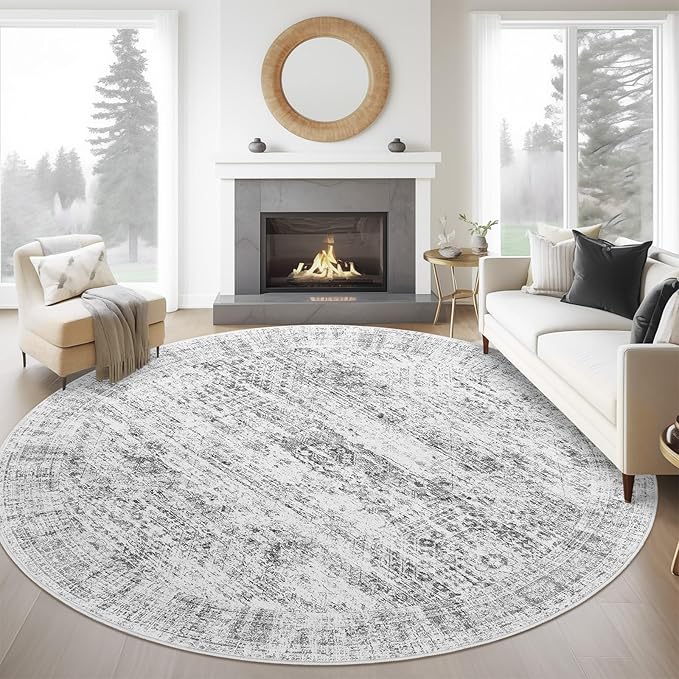 8x8 Grey Round Rug 8ft Living Room Circle Rug Vintage Round Area Rug Non Slip Indoor Carpet for Apartment