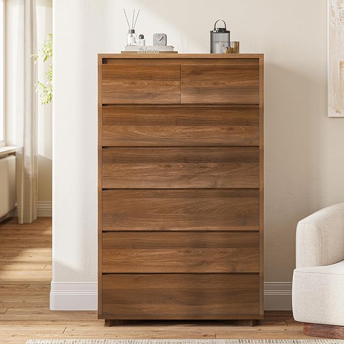Tall Dresser for Bedroom, 52.8" Tall Dresser with 7 Drawers, Wood Dressers & Chests of Drawers, Accent Upright Drawer Organizers for Closet, Hallway