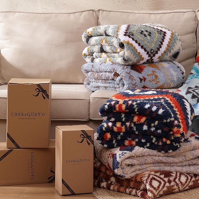 CASAAGUSTO Boho Sherpa Throw Blanket, Aztec Queen Blanket, Ultra Soft, Warm, Cozy, Plush, Thick Fleece Bohemian Throw Blanket for Couch, Bed, Sofa (Blue Grey 90 * 90 Inch)