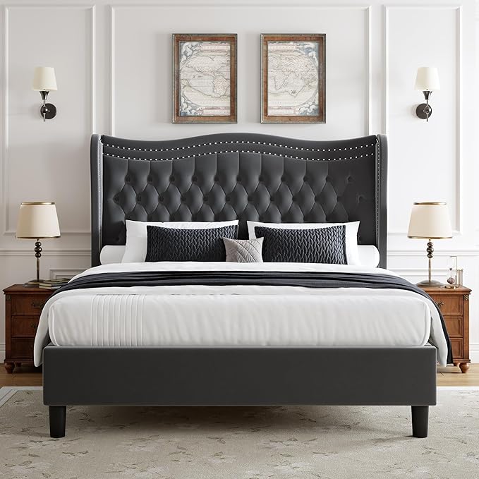 Upholstered King Size Bed Frame with Tall Headboard, Velvet Wingback Platform Bed Frame with Deep Button Tufted, No Box Spring Needed, Noise Free, Grey