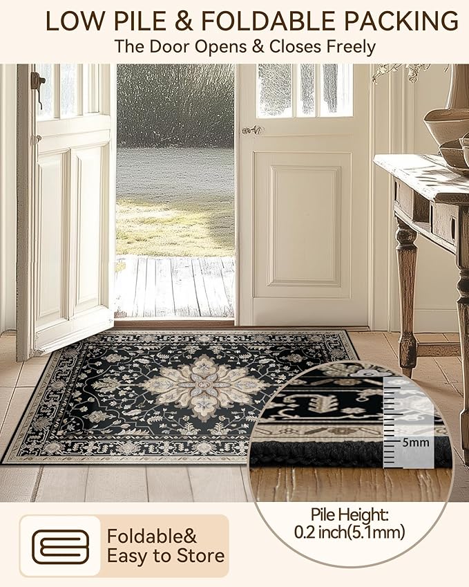 Area Rugs 7ft Washable Non-Slip, Floral Vintage Distress Print Pattern Medallion Carpet for Living Room Bedroom Dining Room, Black Brown Neutral Dark Tan