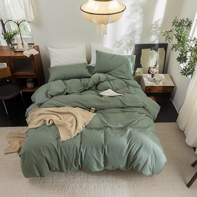 FOSSA Duvet Cover Set 100% Washed Cotton Linen Feel Super Soft Breathable Cozy Simple Style 3 Pieces Bedding Sets Solid Heathered Green Oversized Queen