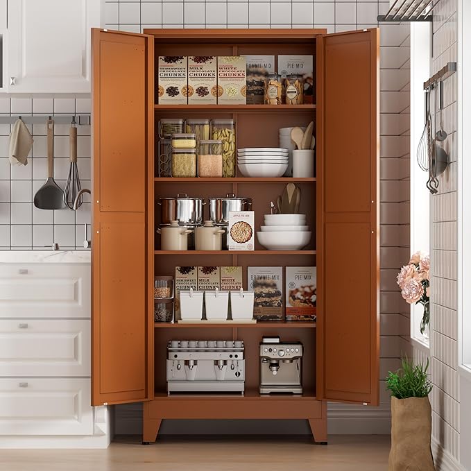 COFaR 5 Tier Metal Kitchen Storage Cabinets, 71" Pantry Cabinet with Doors and 4 Adjustable Shelves, Farmhouse Tall Cabinet for Pantry, Laundry Room,Living Room,Dinning Room (Antique Copper)
