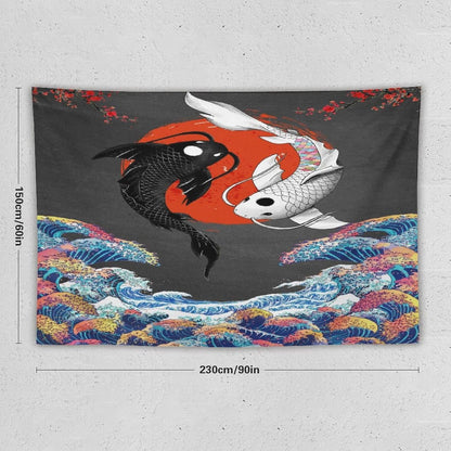 Houselerax Japanese Koi Fish Tapestries, Yin Yang Big Wave Cherry Blossom Tapestry Wall Hanging for Bedroom Living Room Office Decor 90"x60"