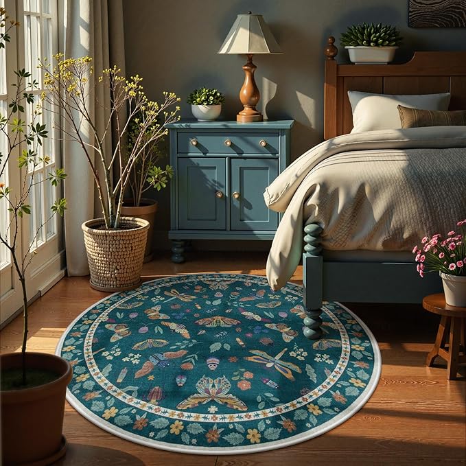 Lahome Insect Washable Round Rugs, Non-Slip Soft Round Rug 4ft Ultra-Thin, Small Boho Circle Carpet for Entryway Kitchen Bedroom Nursery Bathroom, Dark Green