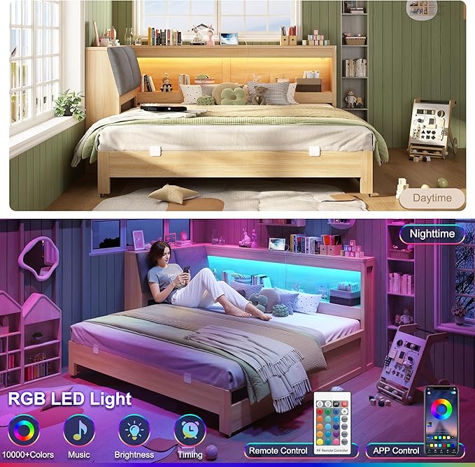 Corner Bed Frame with Extendable Trundle Bed and Bookcase Upholstered Headboard, 3-in-1 Twin Size Wood Daybed with LED Lights and Charging Station, for Bedroom, Guest Room, Natural Oak
