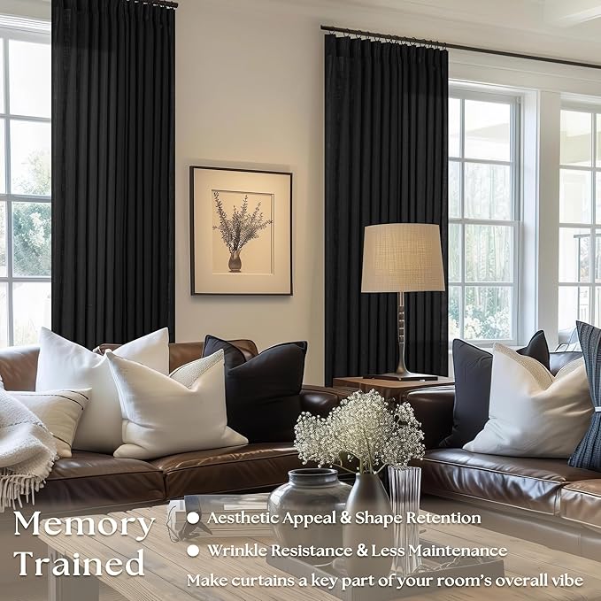 Black Linen Semi Sheer Curtains 90 Inches Long for Living Room Bedroom Light Filtering Black Textured Burlap Pinch Pleated Curtains 90 Length Hooks Rings Back Tab for Sliding Door 2 Panels