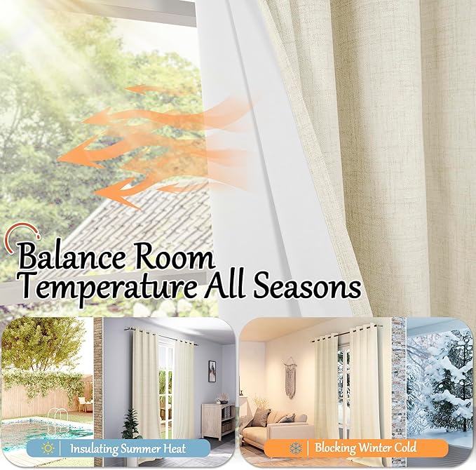 Cream 100% Blackout Curtains for Living Room 72 Inch Length 2 Panels Set, Thermal Insulated Light Blocking Faux Linen Curtains for Bedroom, Bronze Grommet Boho Window Drape Each 52" Wide