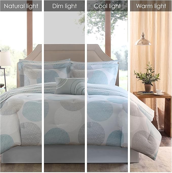 Madison Park Essentials Bed in a Bag Comforter, Vibrant Color Design All Season Down Alternative Cover with Complete Cotton Sheet Set, Cal King(104"x92"), Knowles, Circular Aqua, 9 Piece