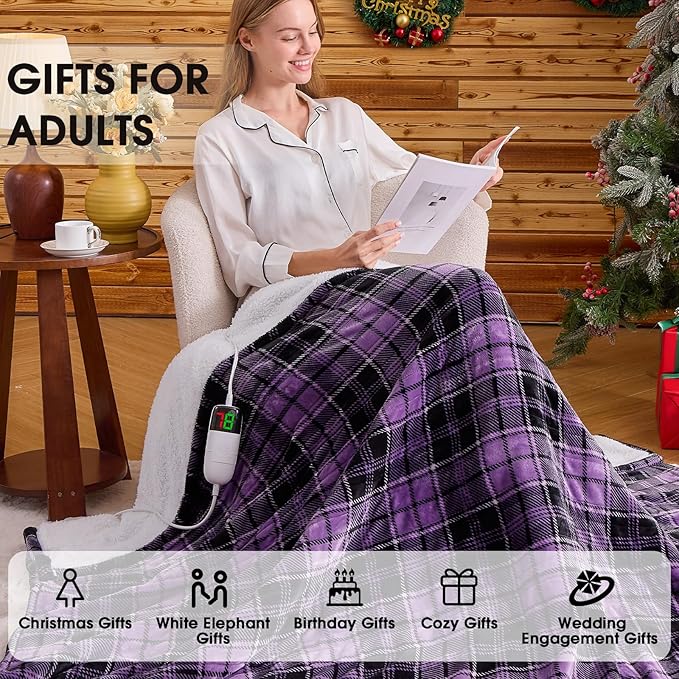 Heated Electric Blanket King Size, 90X100 Heating Blanket King with Dual Control&10 Heats Levels&Timer for Bed,Large Purple Plaid Sherpa Blankets Warmer Gifts for Grandma Women Adults, Washable