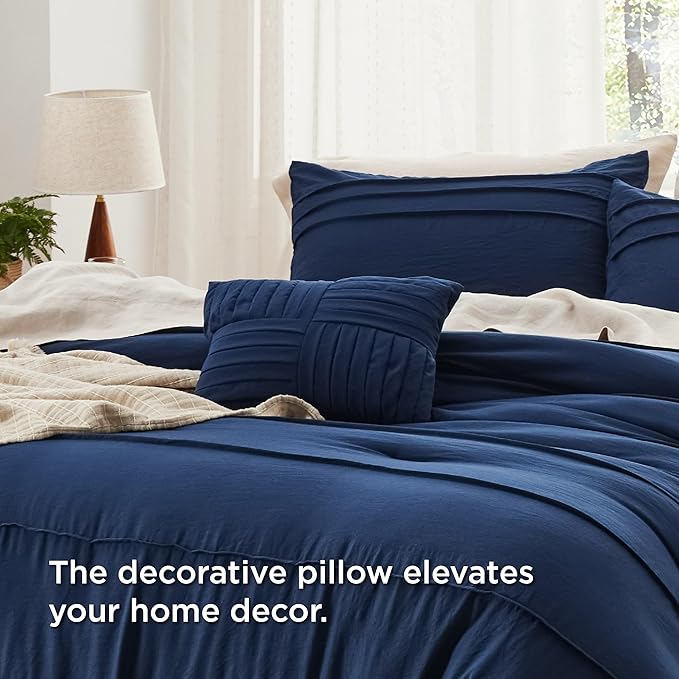 Bedsure King Comforter Set - 4 Pieces Pinch Pleat Bed Set, Navy Blue Boho Bedding for All Season, 1 Soft Comforter, 2 Pillowcases, 1 Decorative Pillow