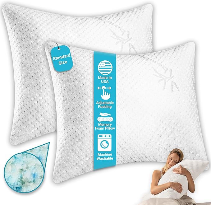 Xtreme Comforts Bed Pillows for Sleeping (2 Pack) | Adjustable Shredded Memory Foam Pillows with Removable Cooling Cover | Fluffy Pillows Support for Side, Back & Stomach Sleepers - Standard Size