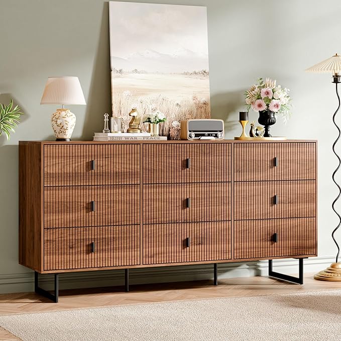 Modern Chest of Drawers with 9 Drawers,Deep Drawers,Clothes Organizer,Large Storage Cabinet for Living Room, Bedroom,Hallway,with Anti-Tipping Device, Walnut.