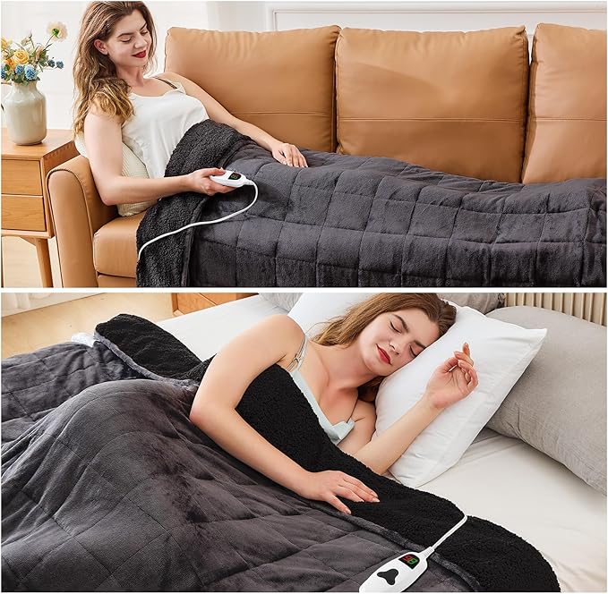 CYMULA Heated Weighted Blanket for Adults, Weighted Heated Blanket 48" x 72", 15lbs Sherpa Fleece Weighted Electric Blanket Soft Heating Blanket with 10 Heating Levels & 1-8 Hours Auto Off, Dark Grey