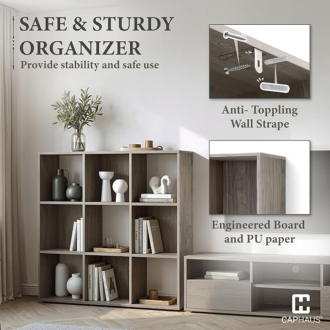 CAPHAUS Sturdy Room 11-Inch Cube Storage Organizer Shelf, with Thick Exterior Edge, Storage Shelf Divider w/Back, Bookcase, 9-Cube, Dark Grey