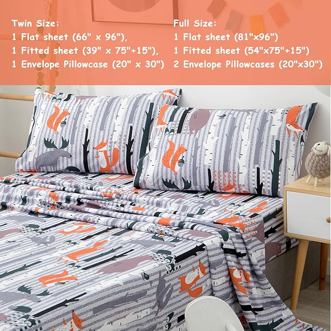 JSD Woodland Animals Kids Printed Sheets Set Full, 4 Piece Soft Fox Microfiber Bed Sheets Deep Pocket