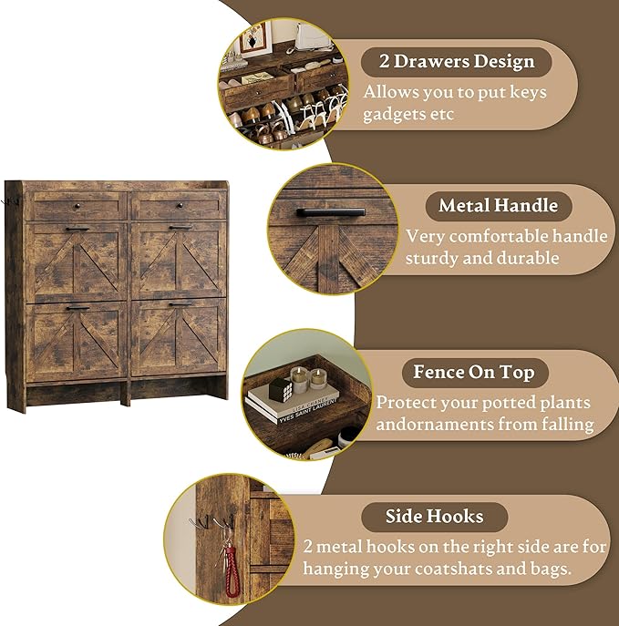 Shoe Storage Cabinet for Entryway, Farmhouse Wide Shoe Cabinet with 4 Flip Drawers and 2 Top Drawers, Freestanding Organizer with Adjustable Shelves, Hooks, and Anti-Tip Kit for Hallway