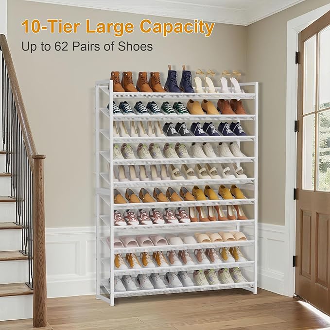 Large Shoe Rack 10 Tier Shoe Organizer, Heavy Duty Metal 5-Tier Stackable Shoe Storage Vertical Shoe Rack for Closet Front Door Entrance, Up to 62 Pairs, 44.8" W x 11.4" D x 71.2" H, White