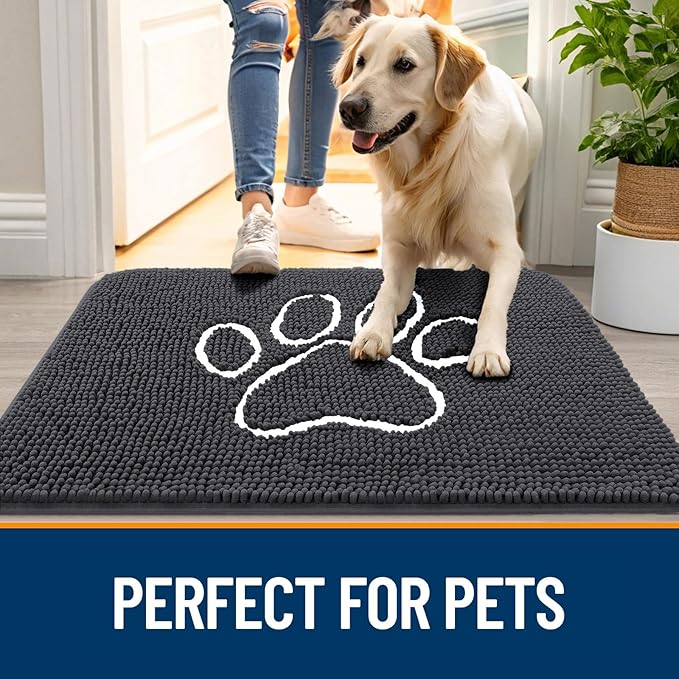 OLANLY Dog Door Mat for Muddy Paws 36x24, Paw Print Design, Absorbs Moisture and Dirt, Absorbent Non-Slip Washable Doormat, Quick Dry Chenille Mud Mat for Dogs, Entry Indoor Entryway Carpet, Dark Grey