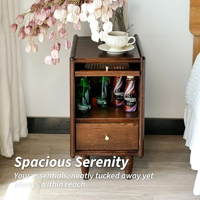 Mid Century Modern Narrow Nightstand with Drawers, Solid Wood Oak Bedside Table, Side Table, 11.81 W x 15.75 D x 21.26 H Inches, Walnut