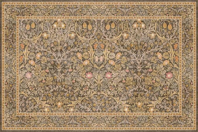 Brown Washable Entry Rug - Front Door Throw Rugs Indoor, Non-Slip Bathroom Small Rugs, Vintage Floral Thin Rug for Kitchen, Boho Earthy Entryway Décor (2x3 Gold Brown)