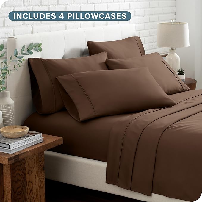 Bare Home Hotel Luxury Queen Sheet Set, Extra Soft - 6 Piece Set - Deep Pockets - Easy Fit - Cooling & Breathable - Wrinkle, Fade, Stain Resistant - Includes 4 Pillowcases (Queen, Cocoa)