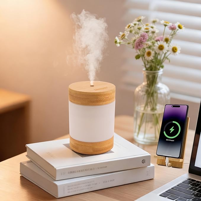 Bamboo Ultrasonic Cool Mist Humidifier with Phone Stand, 400ml Quiet Desktop Mini Humidifier with Dual LED Night Light, USB-C Powered, Auto Shut-Off for Bedroom, Office & Home
