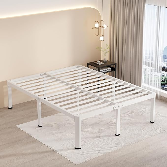 MAF 14 Inch Queen Metal Platform Bed Frame White with Round Corner Legs, 3000 LBS Heavy Duty Steel Slats Support, Noise Free, No Box Spring Needed, Easy Assembly