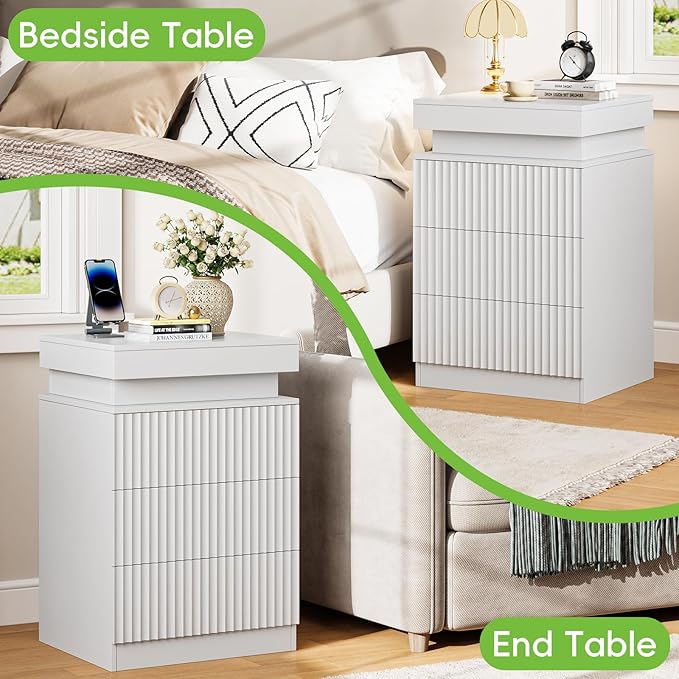 Nightstand with Charging Station & LED Lights, Modern Small Fluted Bedside & End Table with 3 Drawers, Sliding Top & Hidden Storage, Wooden Farmhouse Night Stand for Bedroom Office Sofa, White