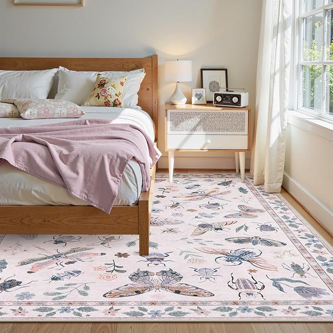 Lahome Insect 9x12 Area Rugs for Living Room Bedroom, Soft Washable Rugs 9x12 Stain Resistant, Ultra-Thin Non-Slip Non-Shedding Accent Carpet for Dining Room Office, Pink