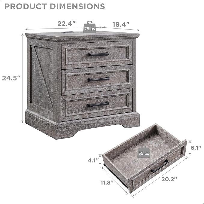 ACCOHOHO Farmhouse Nightstand with Charging Station, 22 Inch Wide End Table with 3 Large Drawers & Bar Handles, Rustic Wood Small Dresser Chest of Drawers for Bedroom, Living Room, Closet, Grey