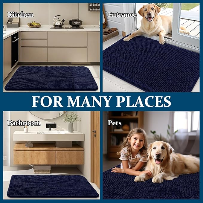 OLANLY Dog Door Mat for Muddy Paws 24x16, Absorbs Moisture and Dirt, Absorbent Non-Slip Washable Doormat, Quick Dry Chenille Mud Mat for Dogs, Entry Indoor Entryway Carpet for Inside Floor, Navy Blue