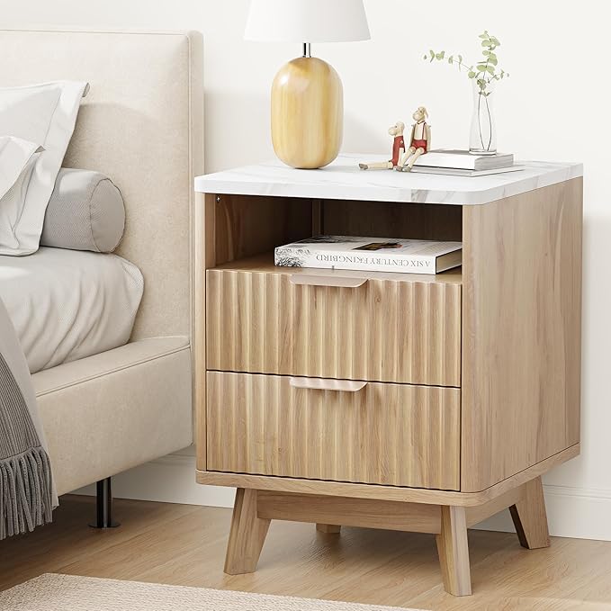 Fluted Nightstand with 2 Drawers, 18" Modern Night Stand with Faux Marble Top, Open Storage Shelf, Bedside Table for Bedroom, End Table Side Table, Natural Oak